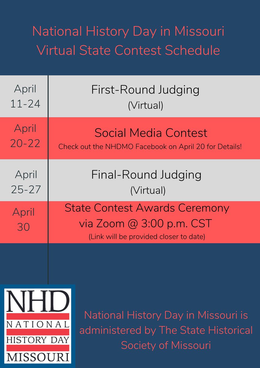 nhdmo's tweet photo. Judging for the #NHDMO virtual state contest has begun! Let's cheer on all of our #Missouri students! We are excited to see all of the amazing projects! 
See the schedule and visit the https://t.co/PEszYaWg20 website for fun posts and updates. Wohoo! Let's go, Missouri! #nhd https://t.co/Q7g8ITu9KP