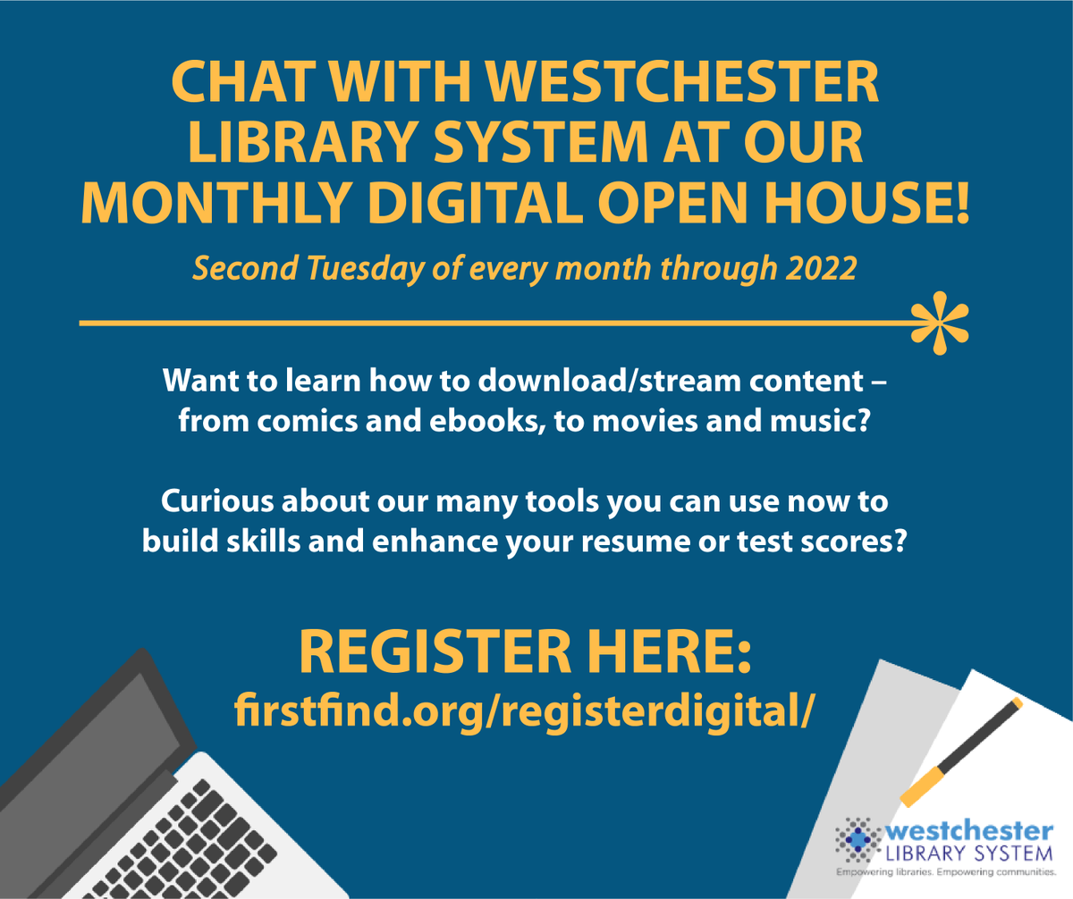 WestLibSys's tweet photo. Tomorrow, April 12th at 5:30 pm join us at our Digital Open House! To register: https://t.co/fzcObXhvrZ #DigitalOpenHouse #WestchesterLibraries https://t.co/F8myJZDmMl