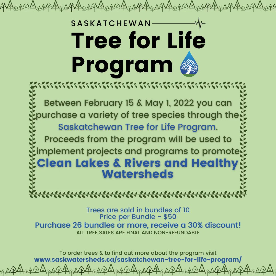 sk_program's tweet photo. From now until May 1, you can help support clean lakes & rivers and healthy watersheds across Saskatchewan by purchasing a tree from the #SKtreeforlife Program! Visit https://t.co/gvg436RDDt for more info!
#treesaregood #treesandwater #healthywater #healthytreeshealthywaters https://t.co/XCL1uYnhMa