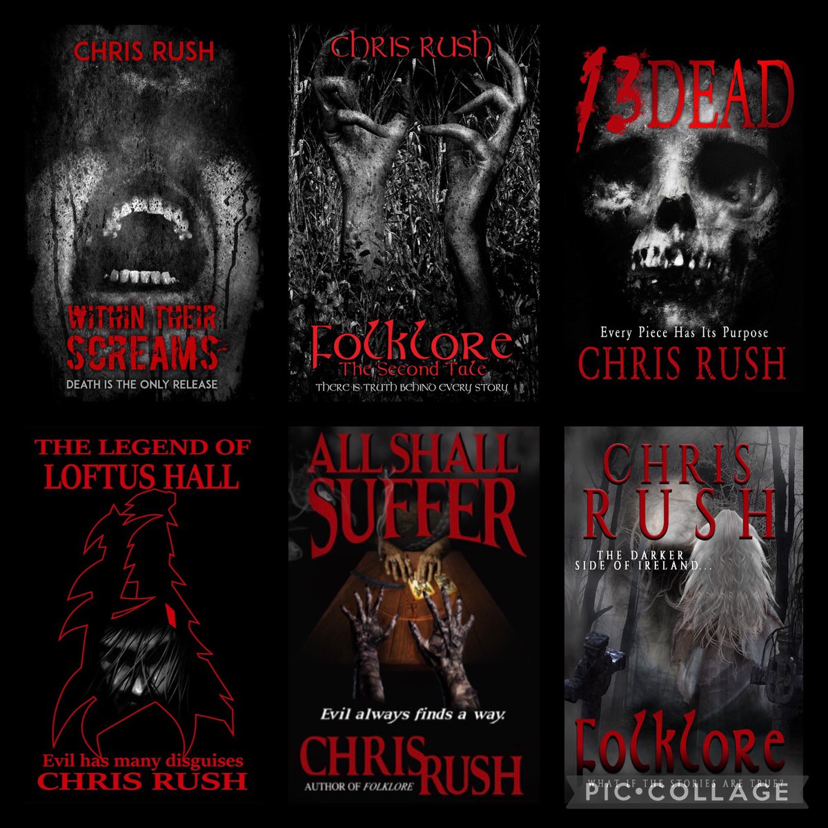 ChrisRushHorror's tweet photo. Which do you think was my most disturbing story to date? I have my opinion on which one it is, I just want to see what one you pick. 👹 #horror #horrorwriter #Irishhorror #Folklore #AllShallSuffer #TheLegendofLoftusHall #13Dead #FolkloreTheSecondTale #WithinTheirScreams https://t.co/gHVhmVXGoE