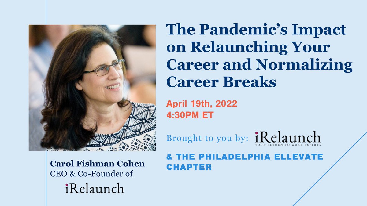 We're back at it...taking a look at where we've been...and what the #pandemic has meant for those who have had to put their careers on pause and the impact the pandemic has on #CareerBreaks with
@iRelaunch's Carol Fishman Cohen. bit.ly/EllevatePhilly…