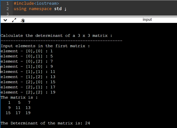 tripathi__vt's tweet photo. day"73" of #365daysofcode with 
@scaler_official

problem : "Write a program in C++ to Calculate the determinant of a 3 x 3 matrix."
//Started with C++//
#scalerdiscord #scalerlearning https://t.co/z6hQAHcBWF