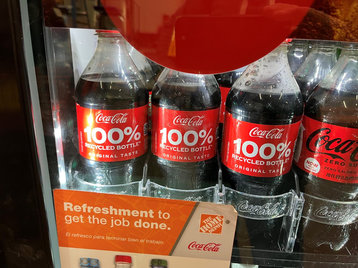 packaginggeek's tweet photo. Pleasantly surprised to see the new @CocaCola 100% recycled bottle in the chill case at my fav DIY store. https://t.co/fkixkmT9sA