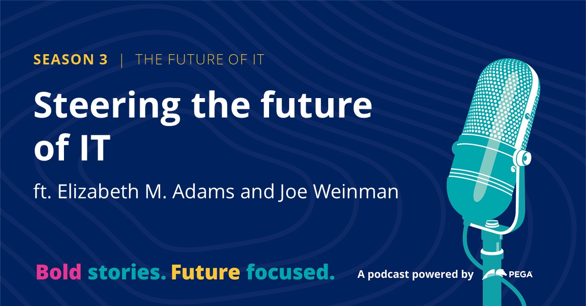 pega's tweet photo. Tune in to this recent episode of Bold stories. Future focused. as special guests, Elizabeth M. Adams and Joe Weinman share their predictions for the future of IT. #PegaAIWeek https://t.co/nuB59zlT3Q https://t.co/Kc6eXm4OiL