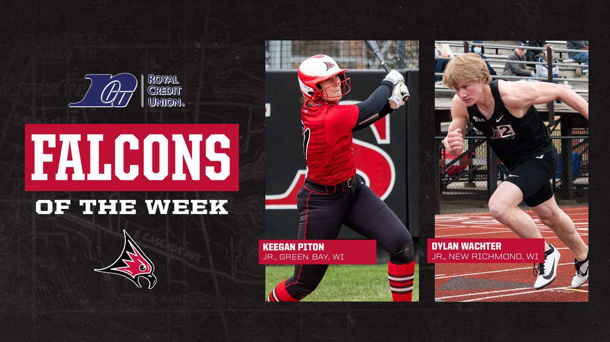 UWRFFalcons's tweet photo. Keegan Piton and Dylan Wachter are our @Royal_CU Falcons of the Week!

🥎 Piton batted .500 over the weekend, with the game-winning homer in game 1 at UWW

🏃‍♂️ Wachter earned three first place finishes at the Falcon Invite - the 800m run, and as a member of two relay races

#FFT https://t.co/1xYv19P2hG