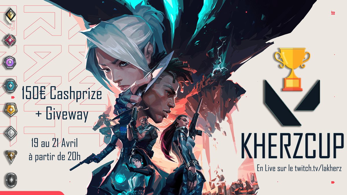 LaKherz's tweet image. J'organise un tournoi Valorant du 19/04 au 21/04 avec 150€ de Cashprize.
La participation est gratuite et ouverte à tout ELO. N'importe qui peut faire la cup, à condition d'avoir une équipe balance.
⚠️Condition d'inscription sous le tweet⚠️
RT + Follow pour la première édition !