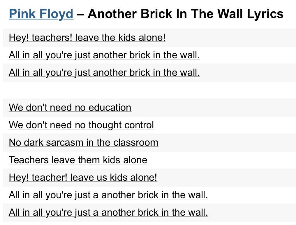 wesbury's tweet photo. Thought this was worth remembering…
Pink Floyd…Another Brick in the Wall

Hey! Teachers! leave the kids alone! https://t.co/JJM7TfiIHb