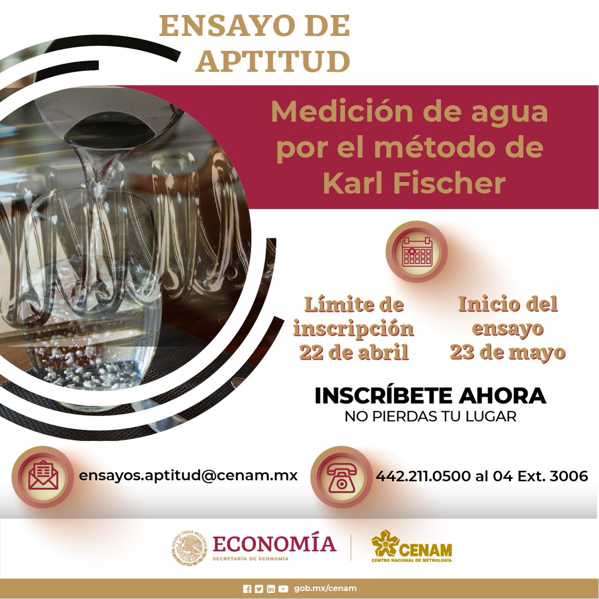 CENAM_Mexico's tweet photo. Evalúa el desempeño de tus mediciones de agua
Participa en el Ensayo de aptitud CNM-EA-600-0002/2022
🔄 https://t.co/sanxHZLuX4
📆Fecha límite de inscripción: 22 de abril de 2022
📧 ensayos.aptitud@cenam.mx
📲 4422110500 al 04 ext. 3006
#agua #KarlFischer #quimica https://t.co/DtOsupTdie