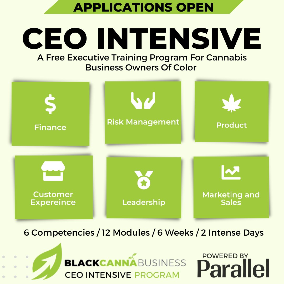 Risk management, finance, consumer experience, these are the topics of relevance if you’re a cannabis business owner. Join us in Boston for the kick off of the Northeast CEO Intensive program, in partnership with Parallel.

Applications: blackcannabusiness.com/ceo-intensive/#