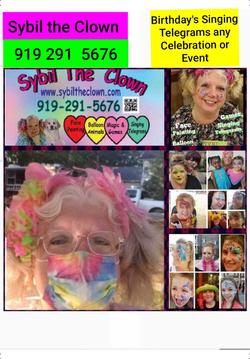 SybilTheClown's tweet photo. ♥️Sybil the Clown is a 👨‍👩‍👧‍👦Family Owned Entertainment Company We offer 🎨Face Painting 🐕Balloon Animals 🤸‍♂️Games 🎩Magic ����Singing Telegrams 🎟Story Telling and more for 🥰Birthdays ♥️Events or 🎠Celebrations any reason to Laugh or Smile ☎️919 291 5676 https://t.co/TgoFARvoC1