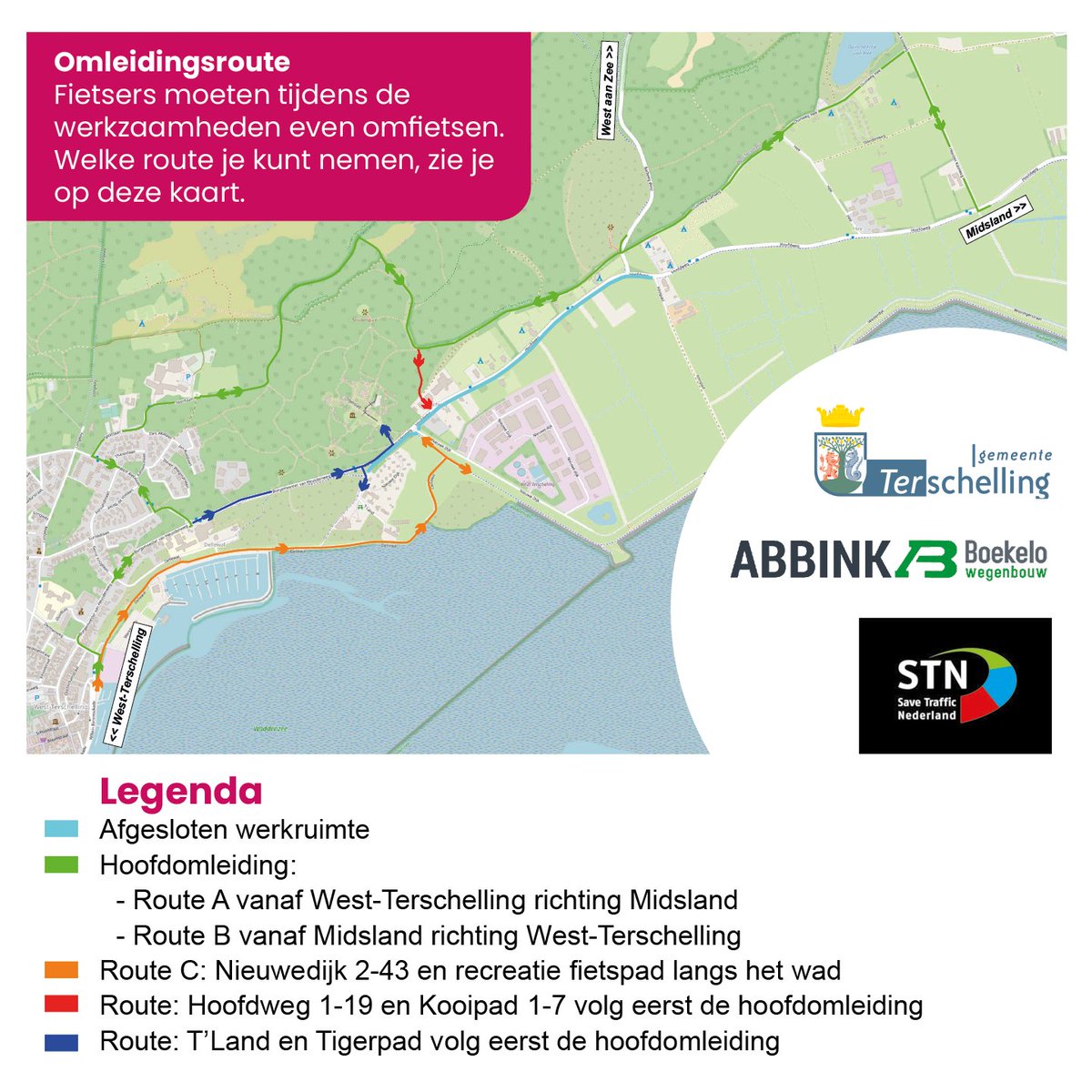 TerschellingGem's tweet photo. ⚠️ 🚲 Vanaf vandaag zijn de kruisingen bij de Tigerstelling en de Badweg afgesloten voor fietsers. Tijdens de afsluiting moeten fietsers via de omleidingsroutes omfietsen. Om het verkeer veilig langs de werkzaamheden te begeleiden staan er morgen verkeersregelaars. https://t.co/kvPcqaY1vN