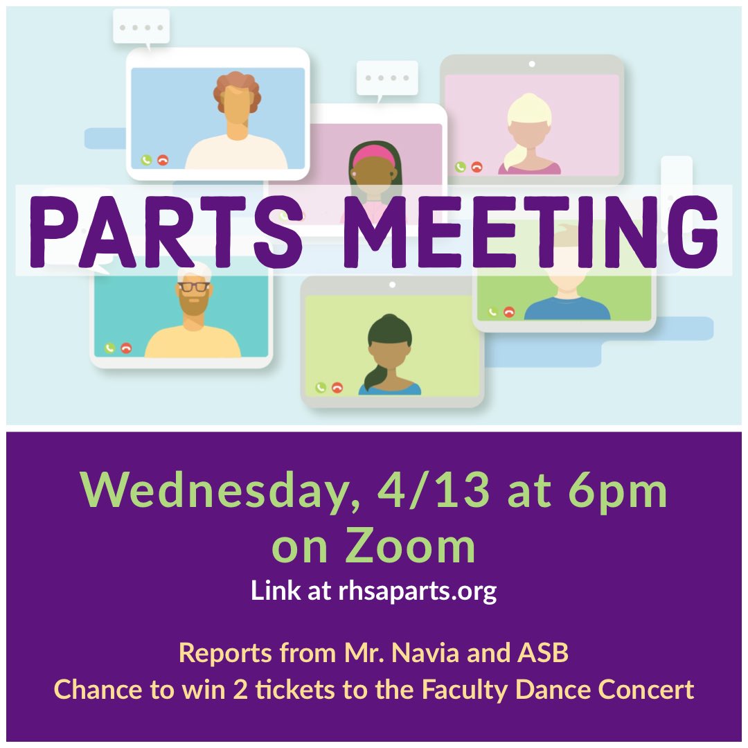 Join us Wednesday for our April meeting on Zoom. Link in our bio and on our website. Hear from Mr. Navia &amp; ASB about the latest news and events <a href="/RHSALBUSD/">Renaissance High School for the Arts</a>, learn ways to get involved, &amp; play our Kahoot! Trivia for a chance to win 2 tickets to the Faculty Dance Concert on May 6-7.