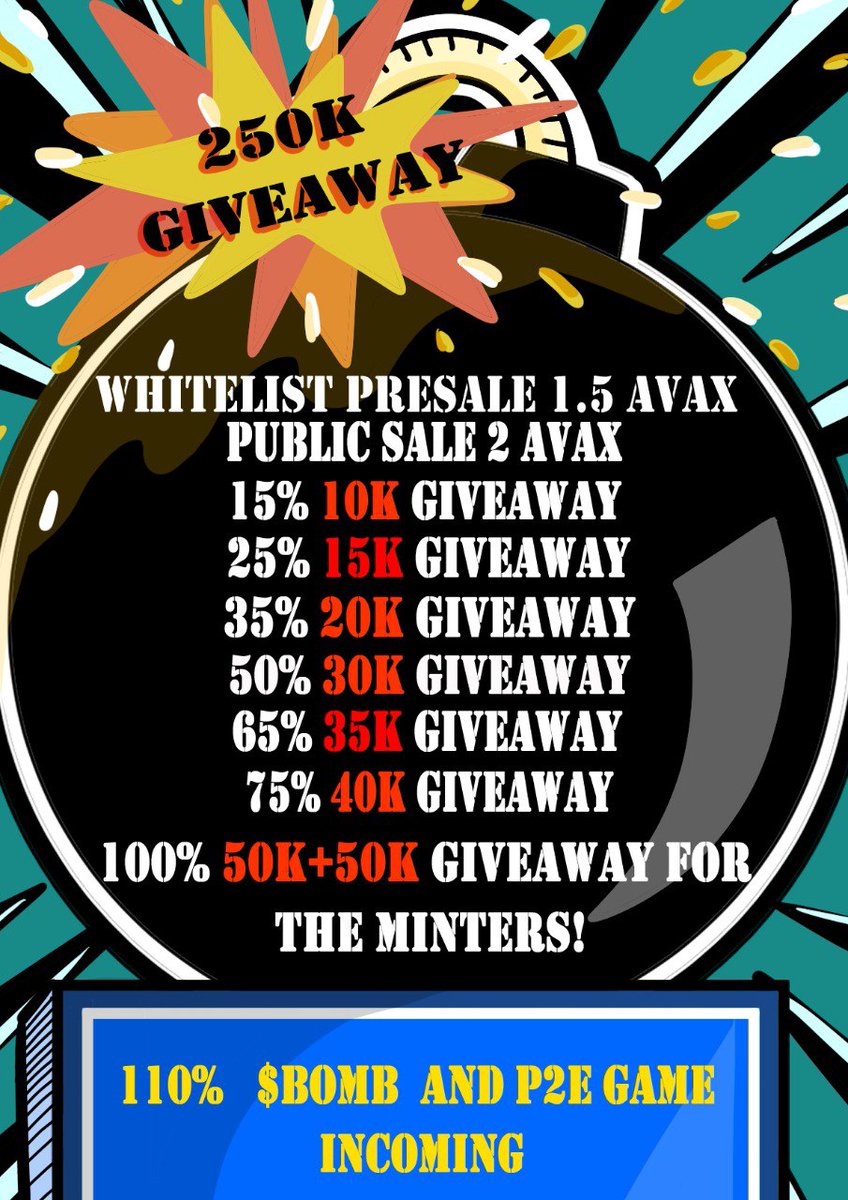 HOW WILL THE FUNDS BE MANAGED? 💣

To encourage the #MINT process and to give something back to our community there will be giveaways totaling 250k during the MINT process.🌟

Without forgetting that it will be possible to earn $BOMB by playing our #P2E!💥

#AVAX #Avalanche #NFT