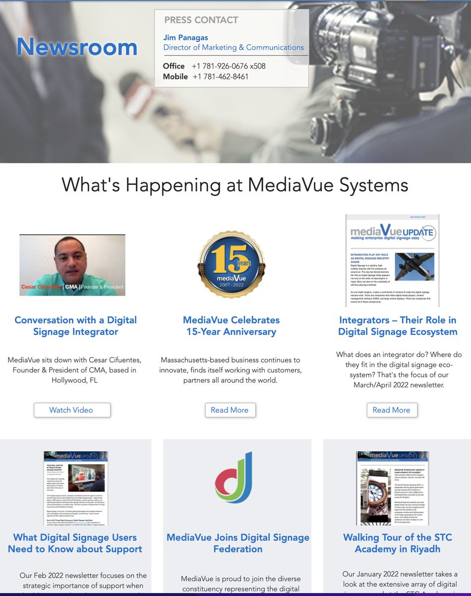 MediaVueSystems's tweet photo. Have you visited the MediaVue newsroom? View everything from press releases and newsletters to video interviews with customers and partners. https://t.co/sElMZW0B7q https://t.co/w4OBEgXoum
