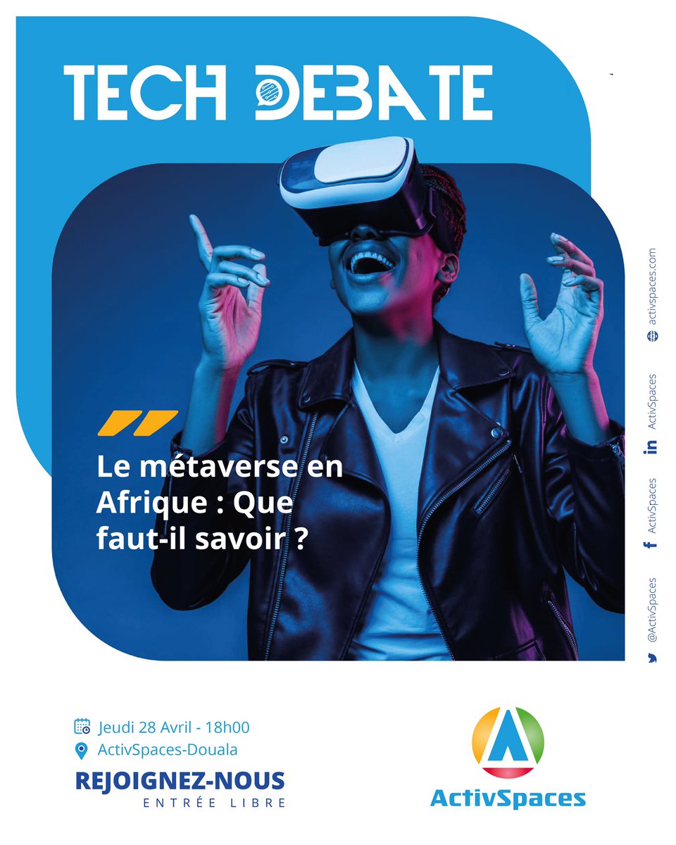 ActivSpaces's tweet photo. Big news, we're back with Tech Debate in 2022 #ASTechDebate.
1er « Tech Debate » de l’année 2022, nous vous proposons un sujet #Tech actuel: le métaverse.
Bookons nos agendas pour le 28 Avril à 18h et retrouvons-nous à Activspaces pour en parler.
Resa: https://t.co/De1knnK9na https://t.co/CJ5x4iOARD