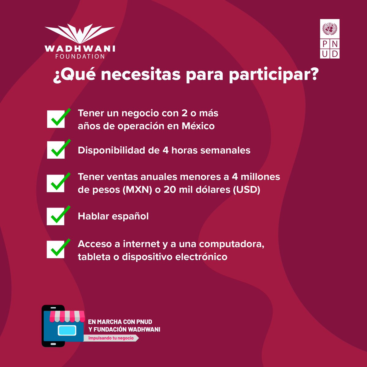 🔎🦸‍♀️🦸‍♂️ Estamos buscando personas emprendedoras que quieran transformar y crecer su negocio en este nuevo entorno digital ¿Te animas?
Súmate a la convocatoria que <a href="/PNUD_Mexico/">PNUD México</a> y @WFLATAM traen para ti.

bit.ly/EnMarcha2022

#ODS8 #CrecimientoSostenible