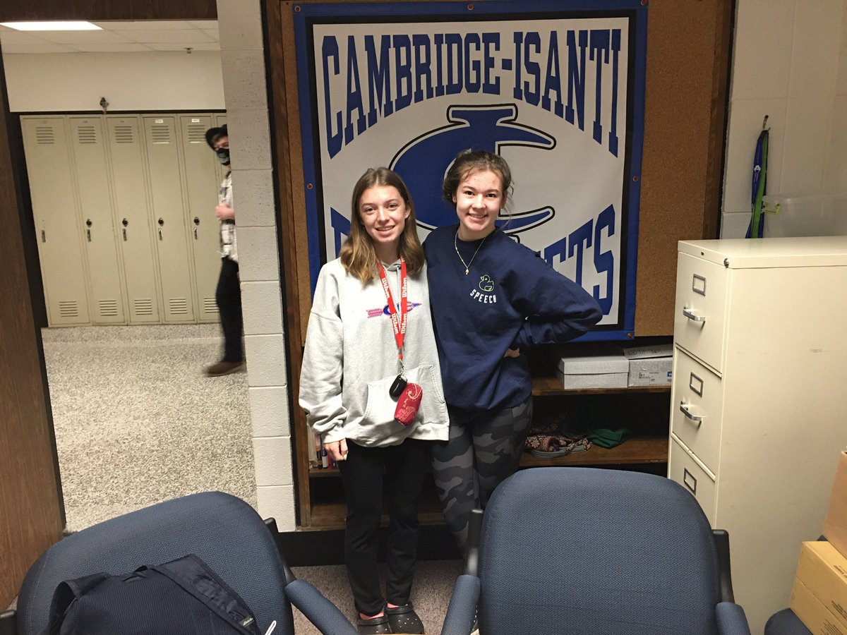 Well spoken Ava Lowman and Leslie Bleess, Cambridge-Isanti Bluejackets standout students and speech stars. They shared “Triple Bluejackets Victory Day,” today at CIHS. Ava and Leslie have qualified for the MSHSL State Speech Meet. #jacketpride