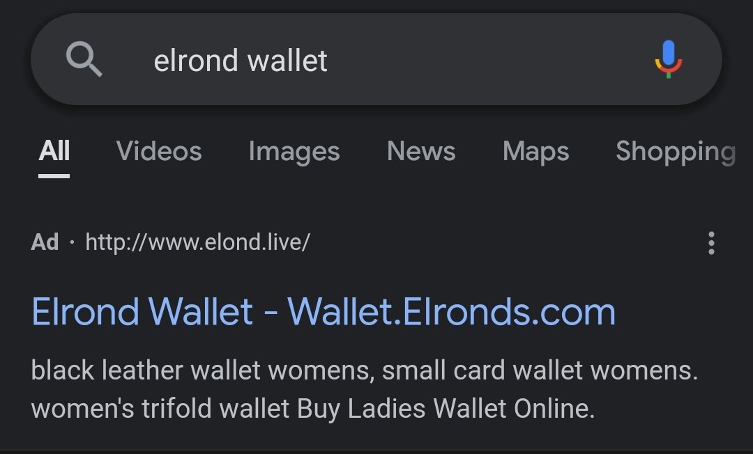 dologx's tweet photo. What is the first thing you get when you type "elrond wallet" ?!
A moment of inattention and all is gone.. 😕
I am sorry but one of my friends lost today the equivalent of 40 $eGLD with this scam!!! 😔
@beniaminmincu @DrElrond123 @getMaiar @ElrondNetwork #ElrondNetwork $eGLD $Mex https://t.co/9crLpCt4rI