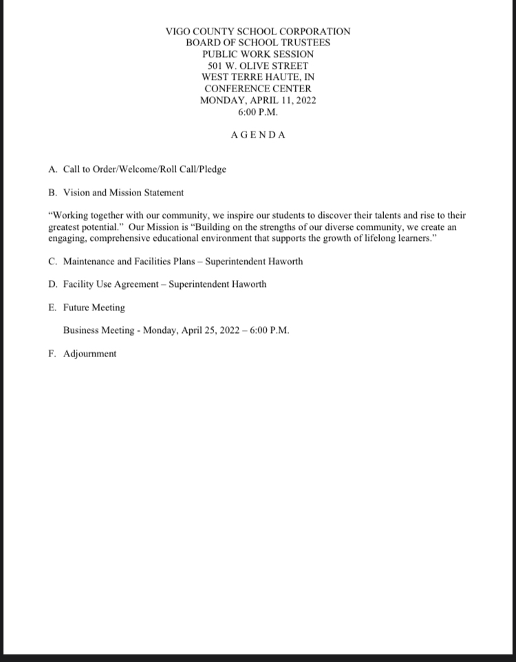Tonight's 6:00 p.m. board meeting will be held in the Conference Center at the VCSC Administration Office.

The agenda is included in this post.

If you would like to watch a livestream of the meeting, please visit our YouTube channel: youtube.com/channel/UCNDbt….

#teamvigo