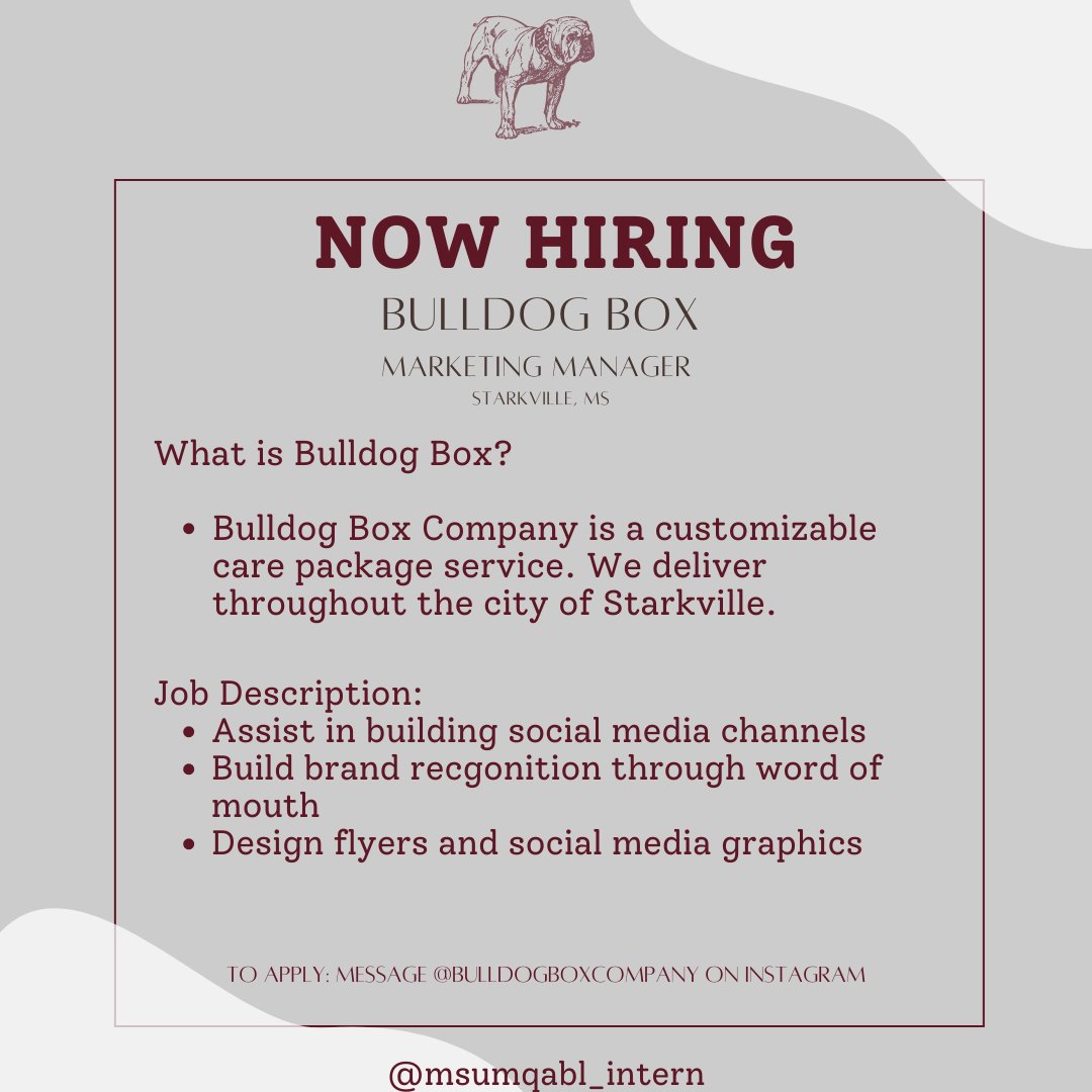 Student Startup: Bulldog Box is looking for a Marketing Manager! Looking to build experience to add to your resume? Take up this opportunity!