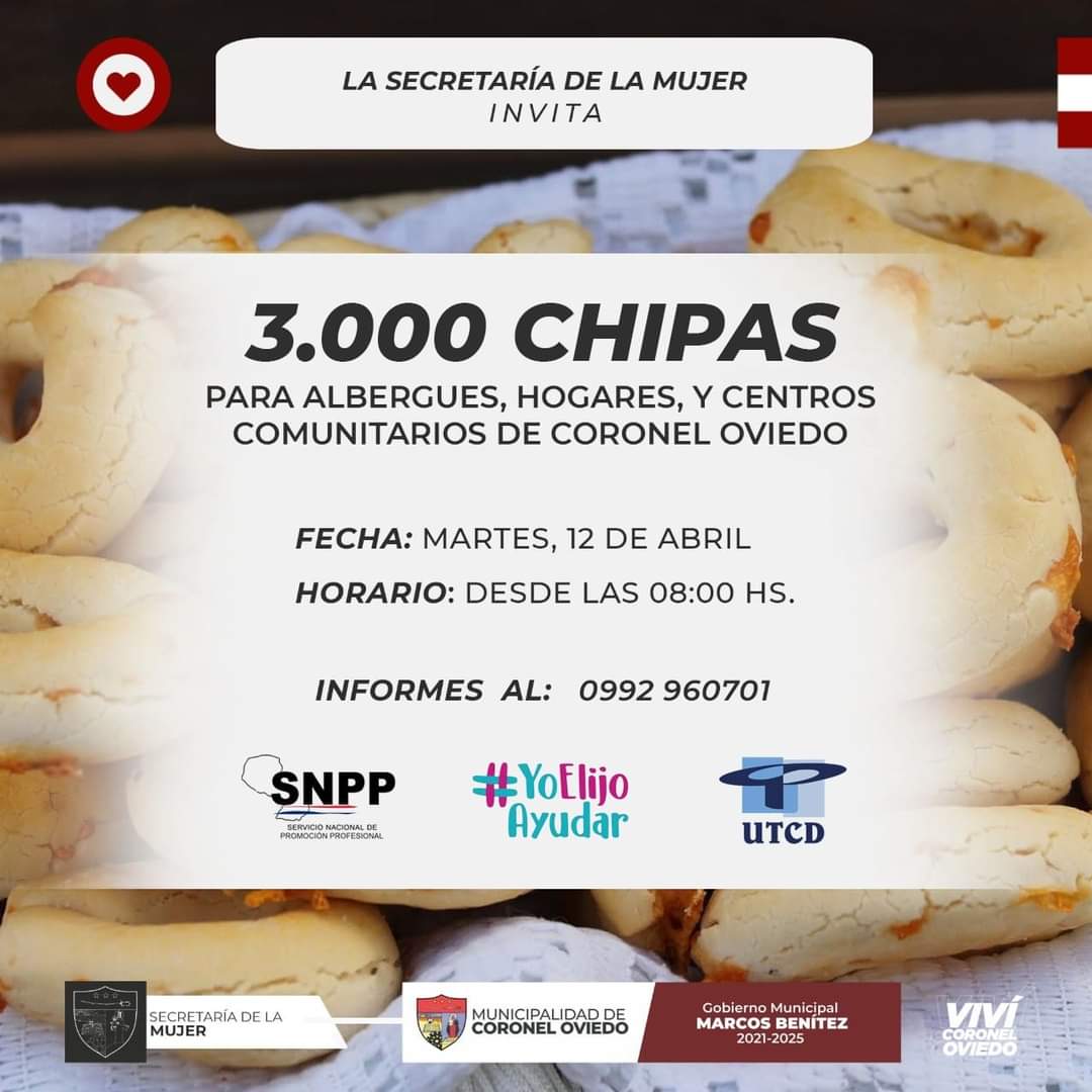 PrensaMco's tweet photo. HAGAMOS 3.000 CHIPAS

Mañana Martes Santo es el día en que la Secretaría de la Mujer en conjunto con Yo Elijo Ayudar, UTCD, SNPP, ciudadanos y colaboradores, estarán preparando y cocinando 3.000 chipas para repartir en albergues, hogares y centros comunitarios de la ciudad. https://t.co/d0ESFRvsRv