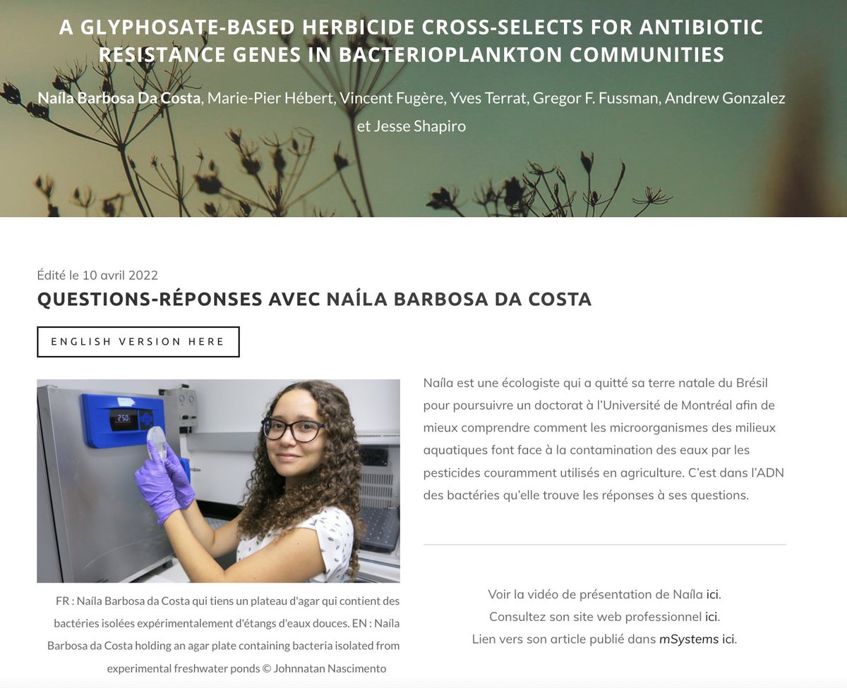 Biologistes-chercheur.es de l'UdeM (@_aecbum) on Twitter photo Découvrez notre entrevue avec <a href="/nbcosta/">Naíla</a>, doctorante sous la direction de @bjesseshapiro, sur son article publié dans Msystems sur la résistance au glyphoste des bactéries planctoniques ! 🧫🧬
FR/EN
Sur notre site web : biologiecsudem.weebly.com/naila-de-costa…
<a href="/umtlSciences/">umontreal Sciences</a> <a href="/MP_Heb/">Marie-Pier Hébert</a> <a href="/V_Fugere/">Vincent Fugère</a> Découvrez notre entrevue avec <a href="/nbcosta/">Naíla</a>, doctorante sous la direction de @bjesseshapiro, sur son article publié dans Msystems sur la résistance au glyphoste des bactéries planctoniques ! 🧫🧬
FR/EN
Sur notre site web : biologiecsudem.weebly.com/naila-de-costa…
<a href="/umtlSciences/">umontreal Sciences</a> <a href="/MP_Heb/">Marie-Pier Hébert</a> <a href="/V_Fugere/">Vincent Fugère</a>