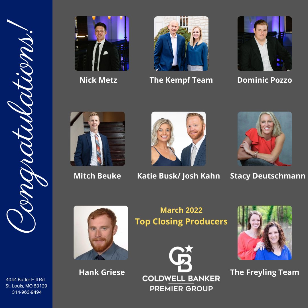 stl_cb's tweet photo. The real estate market continues to be hot, and these agents continue to dominate. Congratulations to the top real estate leaders from our South County office for March! https://t.co/tNNk5jBEZa  #TopAgent #cbpremiergroup #coldwellbanker #stlouismissouri #stlouisrealestate https://t.co/4AtXv7eFXY
