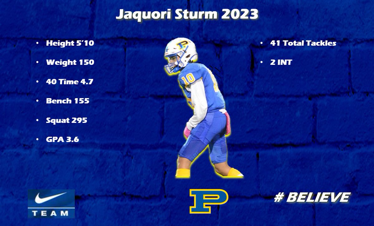 High Academic DB. Coach on the field!! 😤<a href="/PHSCoachTaylor/">Charles Taylor</a> @_iamj3_ 
#RecruitTheVille

🎓Class of '23 Prospect 🎓
Pflugerville High School
FS/DB – JaQuori Sturm @_iamj3_  
📏5'10" 150
📹 hudl.com/v/2Fu7Zg