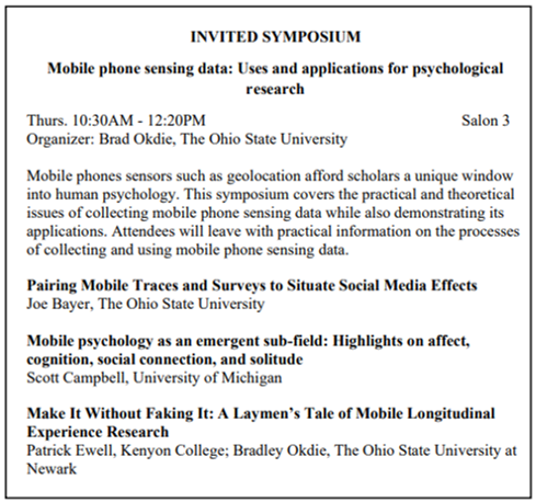 Michael B 🐀🐀 (@psychdocb1) on Twitter photo Come to #2022MPA and see one of our Invited Symposia entitled, "Mobile phone sensing data: Uses and applications for psychological
research" by <a href="/bradleyokdie/">Brad Okdie</a>; Scott Campbell, University of Michigan, and <a href="/solarflar/">Patrick J. Ewell</a>. Come to #2022MPA and see one of our Invited Symposia entitled, "Mobile phone sensing data: Uses and applications for psychological
research" by <a href="/bradleyokdie/">Brad Okdie</a>; Scott Campbell, University of Michigan, and <a href="/solarflar/">Patrick J. Ewell</a>.