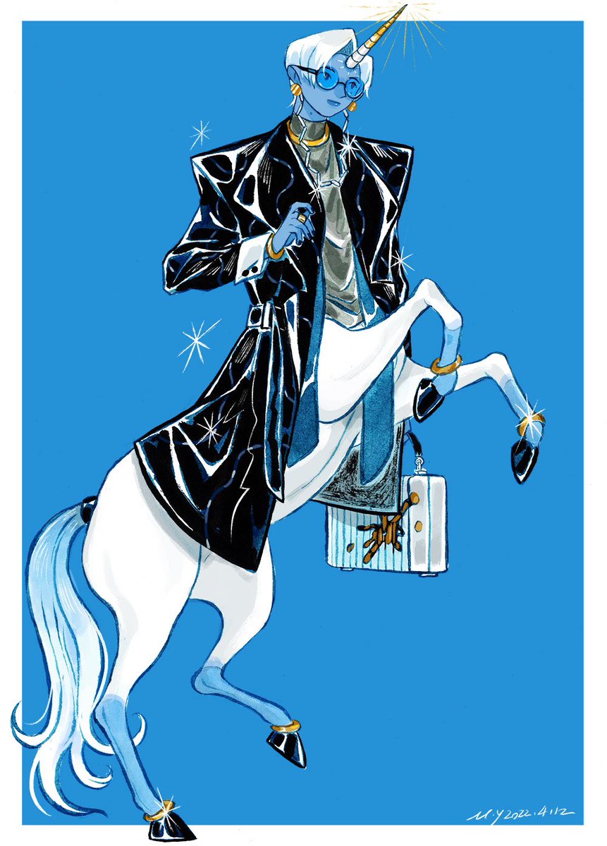 single horn taur 1boy male focus solo horns blue background  illustration images