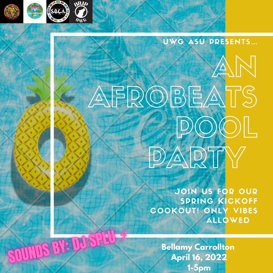 UWG_ASU's tweet photo. Spring is officially in the air! 🌻 Come kick off spring season with a lit pool party this weekend! We and your other favorite organizations will be hosting a pool party and cookout this Saturday! See you there! 👙💦 🌴 #uwg https://t.co/iIrJs72WQq