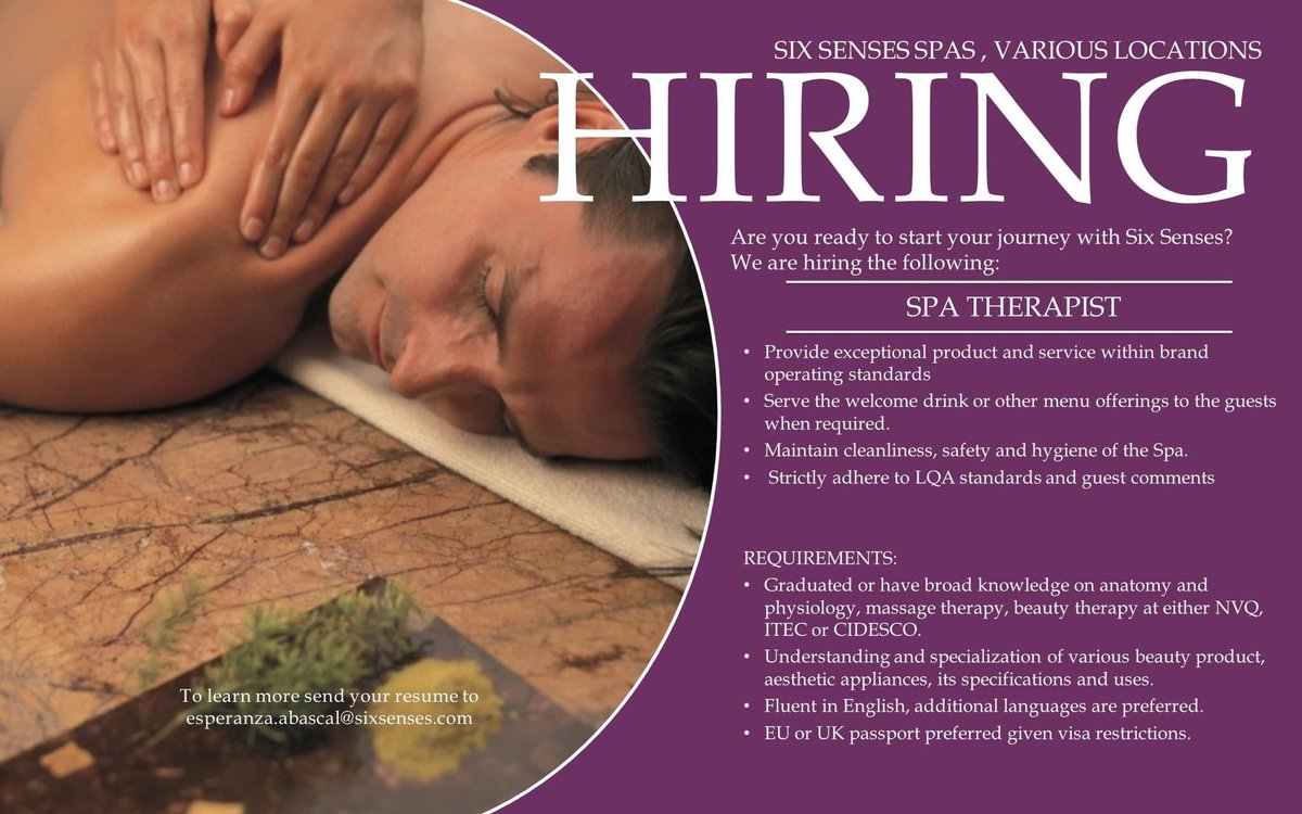 Unique opportunity to join Six Senses as a Spa Therapist. 

Start your dream job now. 

please email your CV to esperanza.abascal@sixsenses.com
@sixsenses 

#CIDESCOInternational #CIDESCOjobs #spatherapist #spatherapistjobs #joinus
#wellnessjobs  #spajobs