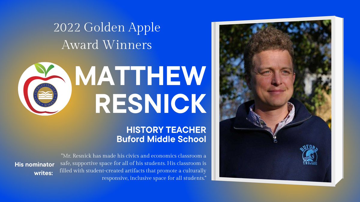 Cville Schools educators are outstanding! Join us in saying CONGRATULATIONS to 2022 Golden Apple Award Winner <a href="/ResnickTeaches/">Matthew Resnick</a> of <a href="/Buford_Middle/">Buford Middle School</a> charlottesvilleschools.org/goldenappleawa…
