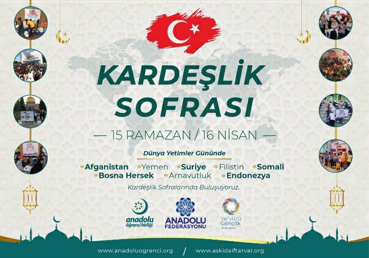 Aöb Kahramanmaraş (@aobkmaras46) on Twitter photo 📢 Askıda İftar Var 🎉
Her yıl olduğu üzere bu yıl da ülkemizde ve dünyanın farklı coğrafyalarında kurduğumuz kardeşlik sofralarında bu yıl da buluşalım.
#KardeşlikSofrası #DünyaYetimlerGünü #AskıdaİftarVar 📢 Askıda İftar Var 🎉
Her yıl olduğu üzere bu yıl da ülkemizde ve dünyanın farklı coğrafyalarında kurduğumuz kardeşlik sofralarında bu yıl da buluşalım.
#KardeşlikSofrası #DünyaYetimlerGünü #AskıdaİftarVar