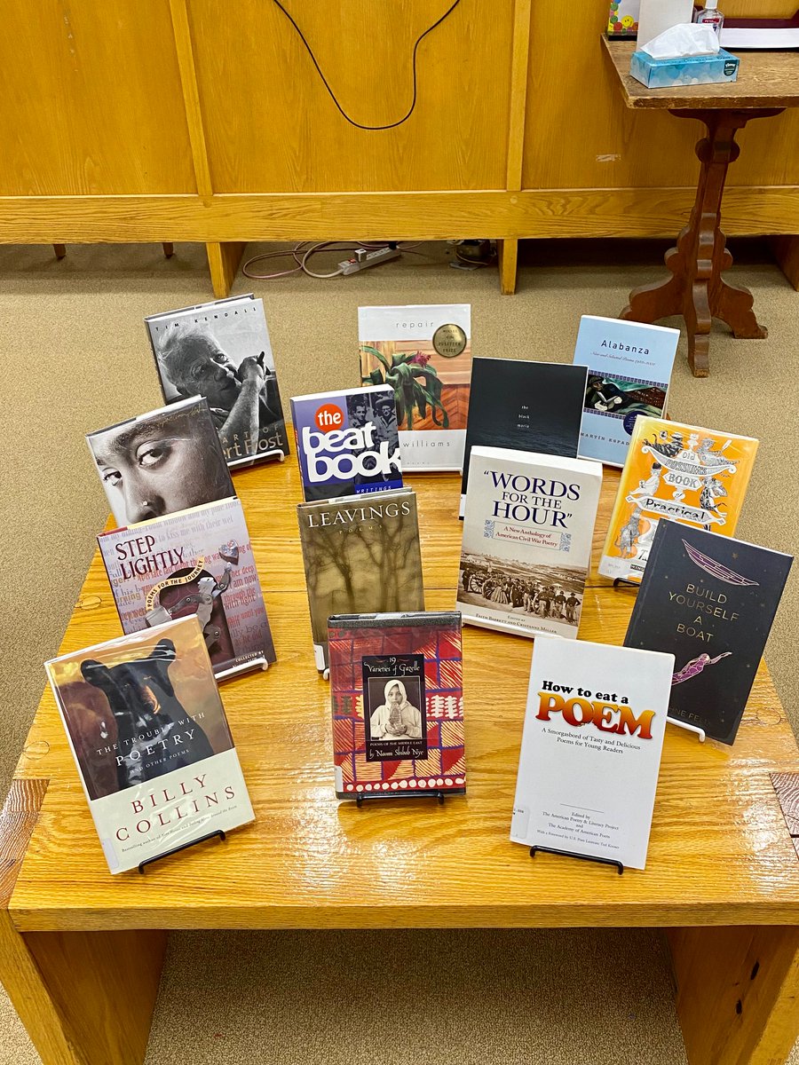 SMLionsLibrary's tweet photo. @SMLions stop by the @SMLionsLibrary and check out #books to help you celebrate #NationalPoetryMonth. Bring your phone to access the QR code of our newest #LibGuide. Learn #howto create #BlackoutPoetry &amp; #Ekphrasticpoetry. #SMLionPride #library #SMLionsLibrary #SMLearns #poetry https://t.co/9fup2R6yVH