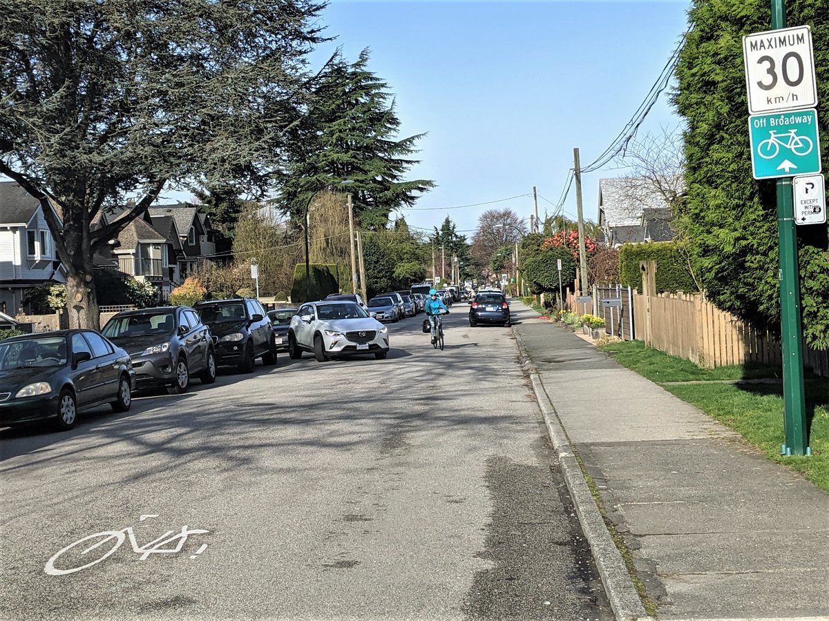 Mihai_Cirstea_'s tweet photo. (1/12) Since Vancouver's #BroadwayPlan doesn't include any options for safe cycling, here's a long &amp; very niche rant about the current "Off Broadway" bikeway. 

Which is definitely a proper bike route! Look at the sign &amp; fading paint! How could you mistake it for anything else? https://t.co/Yciq5UFAfL