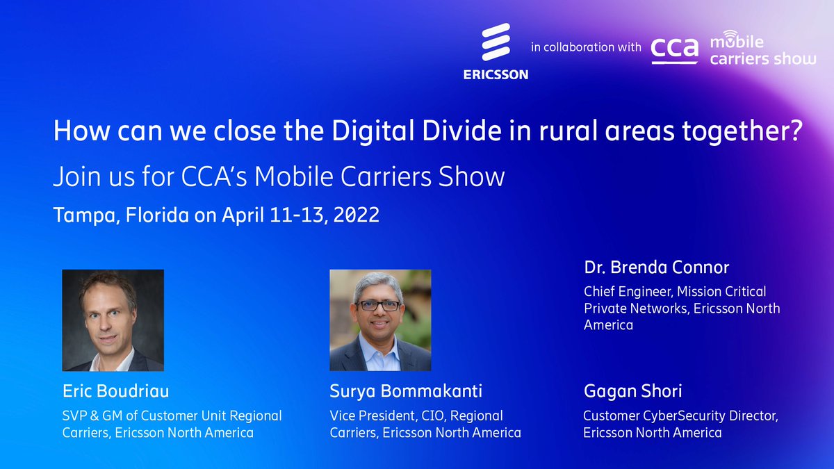 EricssonNA's tweet image. Broadband technology is essential for equal access to opportunity. 📶

Attending #MCS2022? Check out our panelist discussions on how we aim to close the #DigitalDivide + bring much needed and desired mobile services to rural America. More here ➡️ m.eric.sn/AiLR50IGSOO
