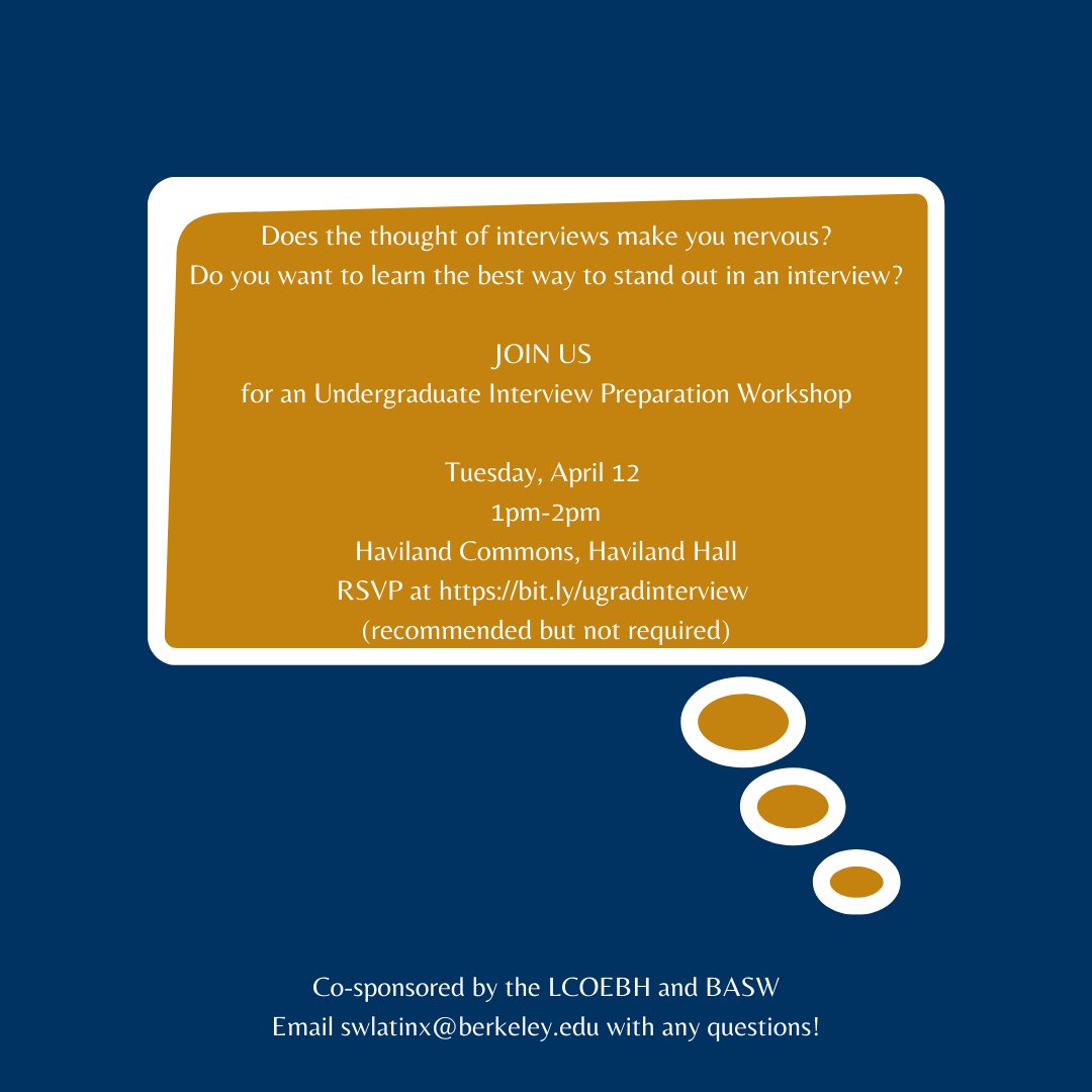 BerkeleyLCOEBH's tweet photo. We're one day away from our Undergraduate Interview Preparation Workshop! Join us to learn interview tips and tricks and how to nail a stellar interview for that summer internship, job, or fellowship. Held Tuesday, April 12 from 1pm-2pm in Haviland Commons. https://t.co/mY3hnjSg8S