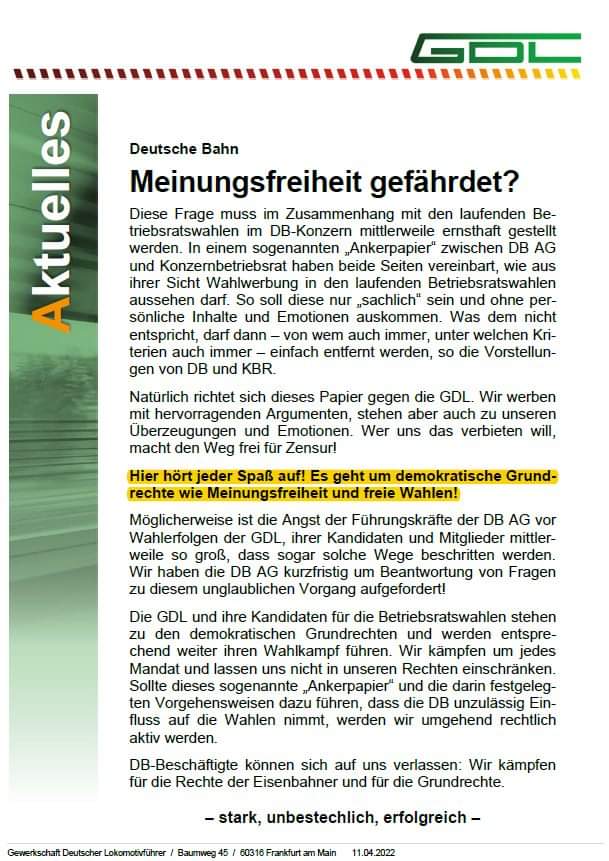 GDL_Koeln's tweet photo. Deutsche Bahn
Meinungsfreiheit gefährdet?

GDL Aktuell - Aushang - 11.04.2022

Quelle
https://t.co/TT9ghxfwhC https://t.co/LYX49FtAh1