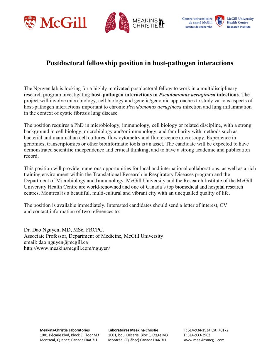 Postdoc available in Dao Nguyen's lab at McGill to work on CF and host-pathogen interactions.  Please share! <a href="/DartCF/">Dartmouth CF Research Center</a>