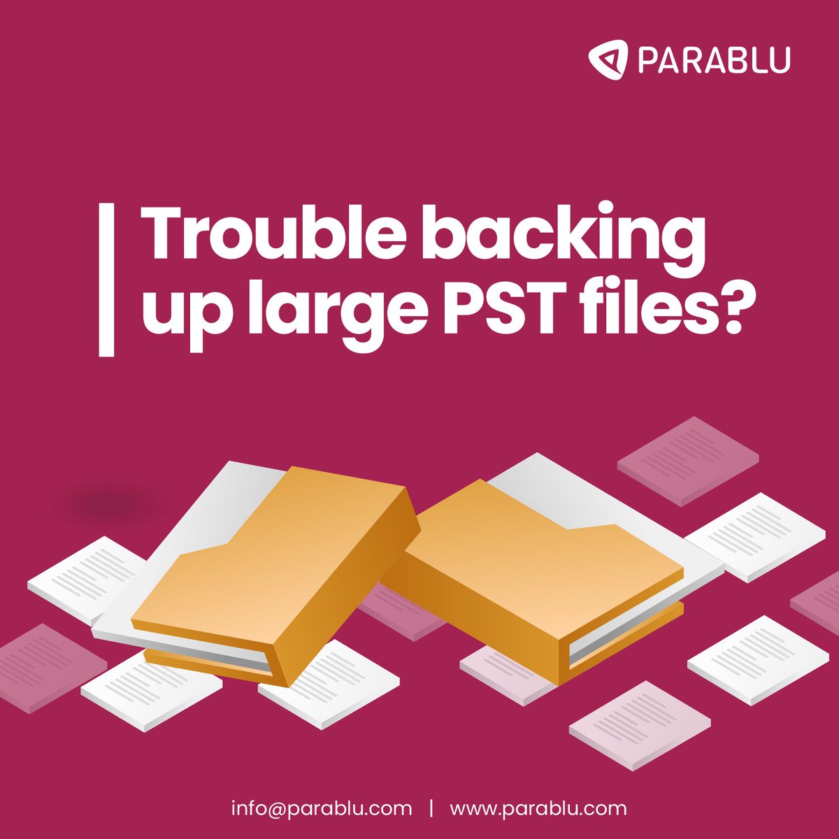 ParabluInc's tweet photo. Do not let large files like PSTs give your #databackup a hard time! Learn how Parablu's #BluVault with its storage and bandwidth-sensitive capabilities can help. https://t.co/sQzmqOAFK1 

#largefiles #backupfiles #datarecovery https://t.co/ptEhFPKXCk