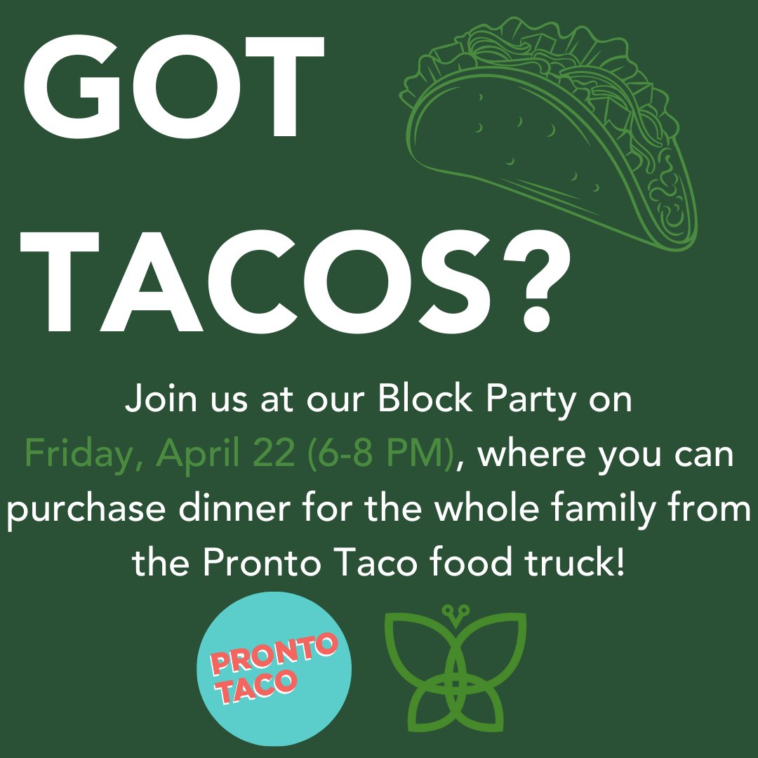 JosephMaleyJMF's tweet photo. Tacos on the brain? 🌮 🧠 We've got you covered. Join us at our Block Party (Friday, April 22, 6-8 PM) at the Joseph Maley Enrichment Center where Pronto Taco will be on-site to fulfill those cravings! More info here: https://t.co/0OChfbd1bI https://t.co/OLtgiR6g7s