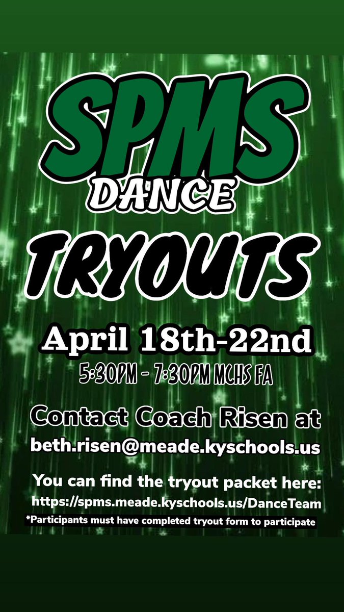 SPMSGreenwaves's tweet photo. SPMS Dance Team Try-Outs will be held on April 18 - April 22nd from 5:30 to 7:30 at the MCHS Freshman Academy Gym.  For more information Click the Information Link Below:
https://t.co/plYksptEm1 https://t.co/VKAaQFxGoq