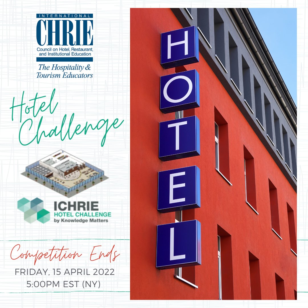 ICHRIE's tweet photo. The 2022 ICHRIE Hotel Challenge by Knowledge Matters ends FRIDAY! Details & info --> https://t.co/cwlI1zK4Q1
#ICHRIE #whyichrie #knomatters #hotelchallenge #simulation #hotel #hotelsimulation #hospitalityindustry #hospitality #knowledgematters https://t.co/Iw4BZ2CHPW