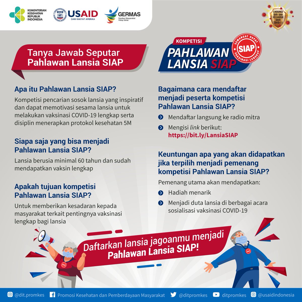 COVID-19 masih ada di sekitar kita. Lansia harus SIAP untuk vaksinasi lengkap agar bisa melindungi diri terhadap risiko keparahan akibat gejala COVID-19. 

Yuk ajak orang tua dan keluargamu untuk vaksinasi lengkap! 

#SemangatDapatVaksinasiLengkap #PahlawanLansiaSiap 
@ditpromkes