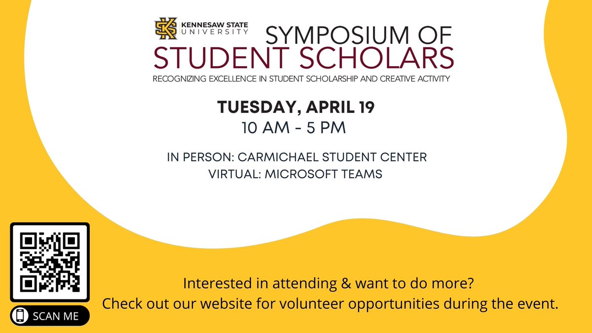 Join us April 19th for the Spring 2022 Symposium of Student Scholars, a public forum for KSU students to showcase their research projects! We hope to see everyone there supporting our KSU student researchers!   🦉