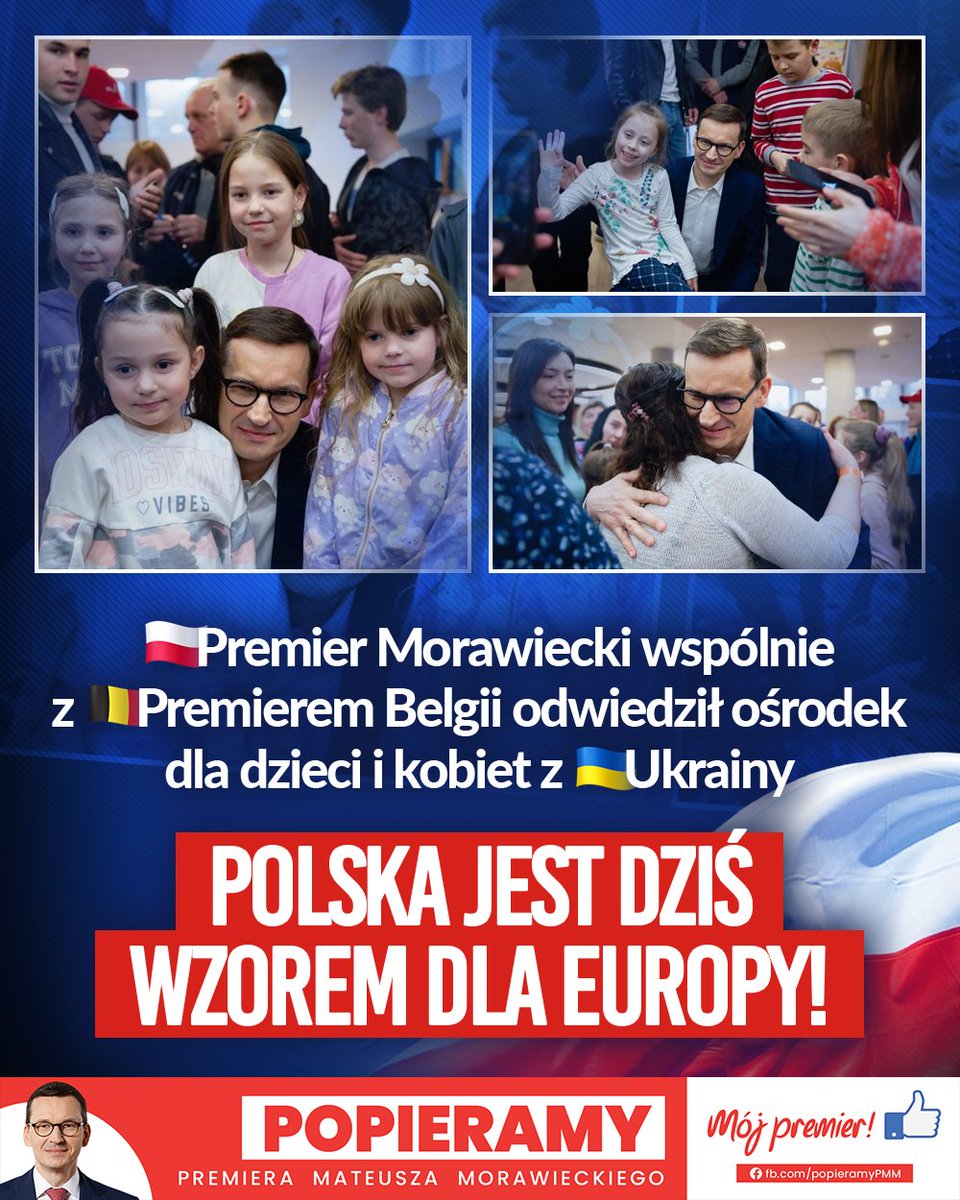 PopieramyPMM's tweet photo. Premier Morawiecki wspólnie z Premierem Belgii odwiedził dziś ośrodek w Serocku, gdzie przebywają kobiety i dzieci z Ukrainy. Europejscy liderzy dziś stawiają nas jako wzór. Polacy piszą dziś piękną kartę swojej historii! ❤️🇵🇱 https://t.co/wvoAhHdcCE