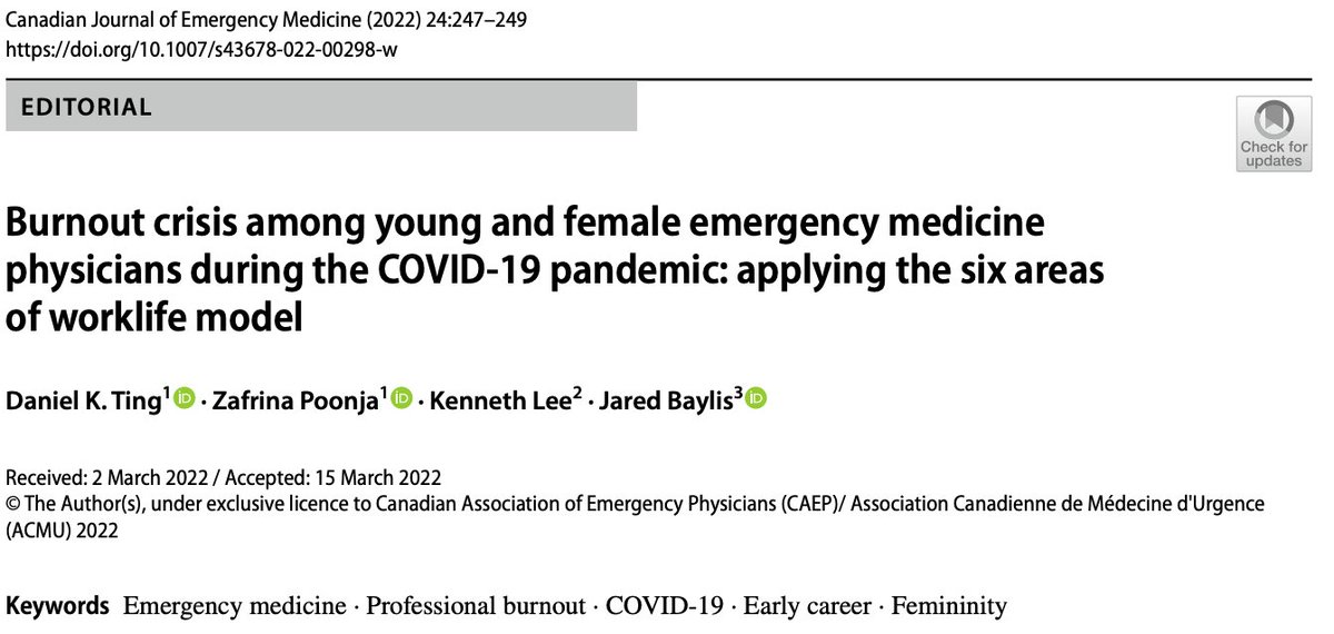 tingdan's tweet photo. Elevated burnout rates among young and female emergency physicians should raise alarm. We apply the 6 areas of worklife model to explore the many reasons why the #COVID19 pandemic is especially challenging for these groups.

https://t.co/MlEre4feso

@CAEP_Docs @CAEPResidents https://t.co/iFeTZK5Rox