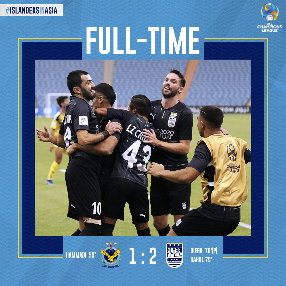 MumbaiCityFC's tweet image. 𝙃𝙄𝙎𝙏𝙊𝙍𝙔 𝙈𝘼𝘿𝙀 🤩

A historic night in Riyadh for #TheIslanders as we become the first Indian team to win an AFC Champions League game! 💥

#AFCvMUM #IslandersInAsia #ACL2022 #AamchiCity 🔵