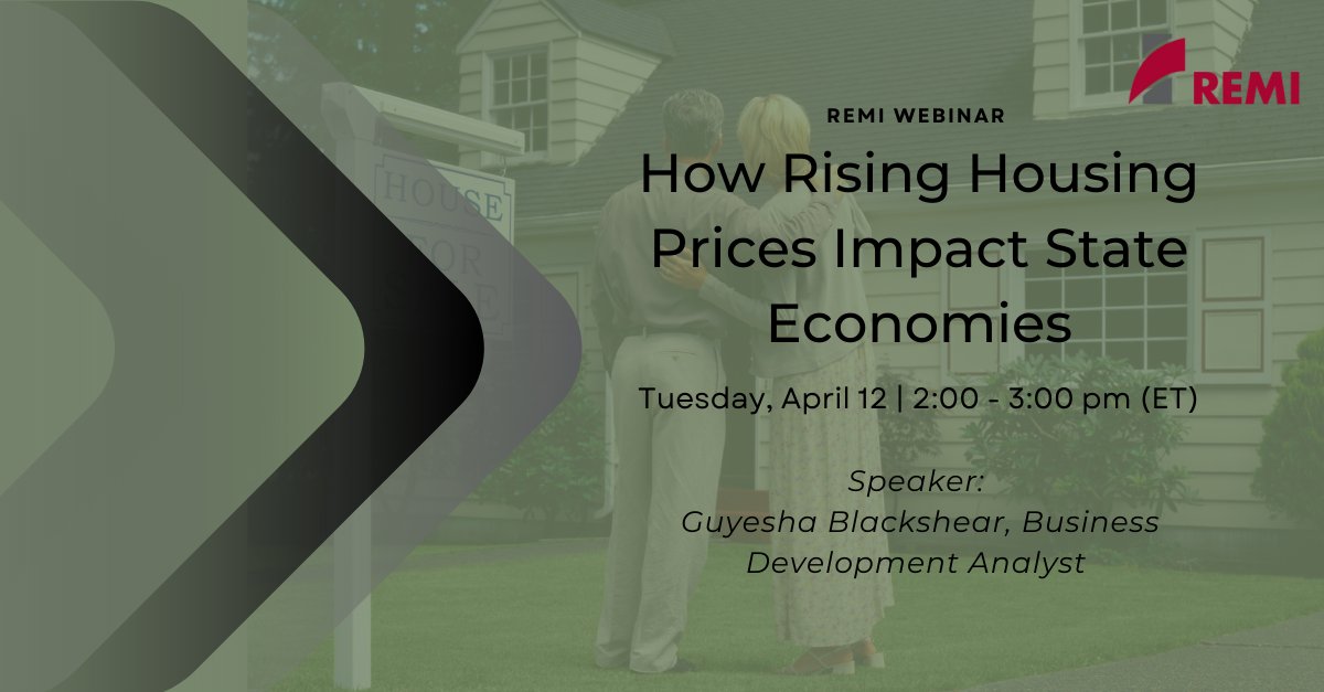 Join us tomorrow, from 2:00 to 3:00 p.m. (ET). We will be hosting a webinar, "How Rising Housing Prices impact State Economies"

With rising house prices, the economy has been impacted by their revenue and expenditures.

Register: remi.com/event/housing-…